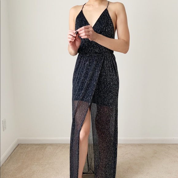 BLACK SHEER GLITTER HIGH CUT MAXI DRESS - Picture 13 of 16